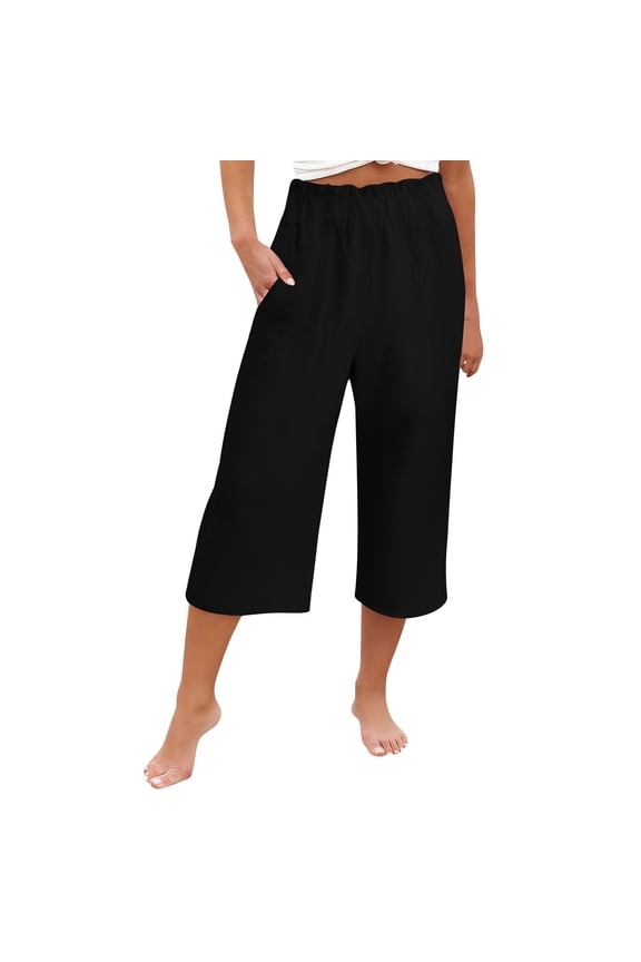 Women's Culottes Linen Cropped Wide Leg Pants Elastic Waist Casual Palazzo Trousers with Pockets, Black