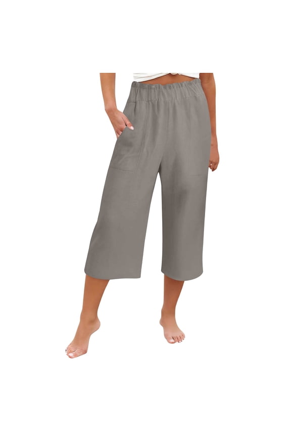 Women's Culottes Linen Cropped Wide Leg Pants Elastic Waist Casual Palazzo Trousers with Pockets, Gray