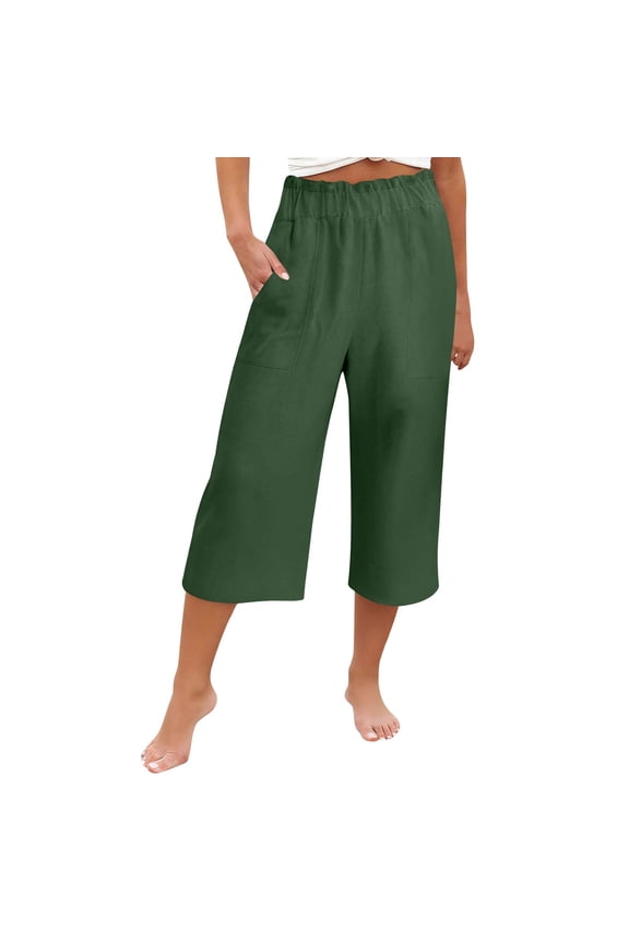 Women's Culottes Linen Cropped Wide Leg Pants Elastic Waist Casual Palazzo Trousers with Pockets, Green