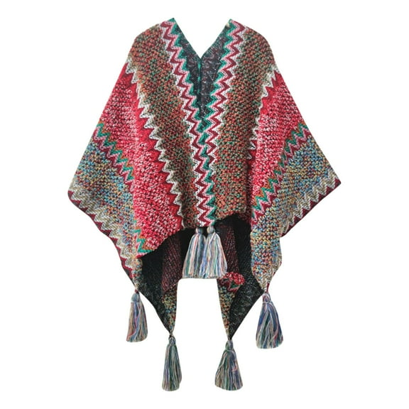 Soyumi Women's Knitted Cape Shawl Wrap, Oversized Heated Poncho Sweater Long Sleeve Fringed Cardigan with Tassel Hem Cozy Asymmetric Pullover for Winter Holiday Casual Gifts, Red2