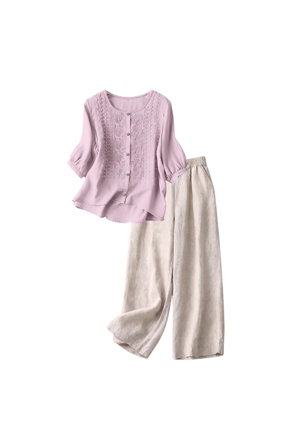Women's Linen Capri 2 Piece Set Embroidered Button Down Blouse V Neck Wide Leg Pants Loose Fit Breathable Lightweight Casual Daily Beach Holiday Clothes, Pink