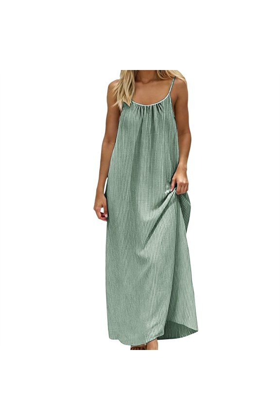 Women's Linen Dress Summer Loose Flowy Sundress Contrast Spaghetti Strap Sleeveless Backless Beach Maxi Long Dresses Beach Vacation Going Out Party Dress, Green