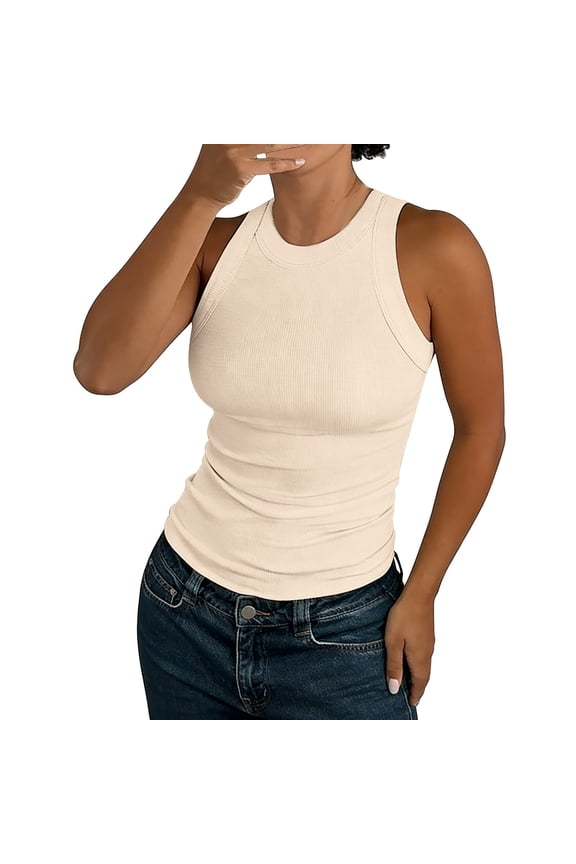Women's Scoop Neck Ribbed High Neck Tank Top Basic Sleeveless Racerback Tops Summer Trendy Slim Fit Tee Shirts, Beige