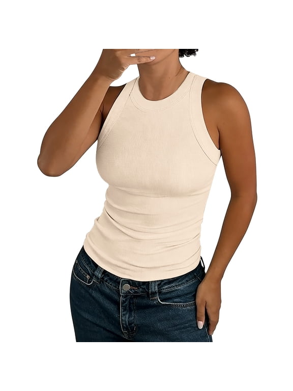 Women's Scoop Neck Ribbed High Neck Tank Top Basic Sleeveless Racerback Tops Summer Trendy Slim Fit Tee Shirts, Beige
