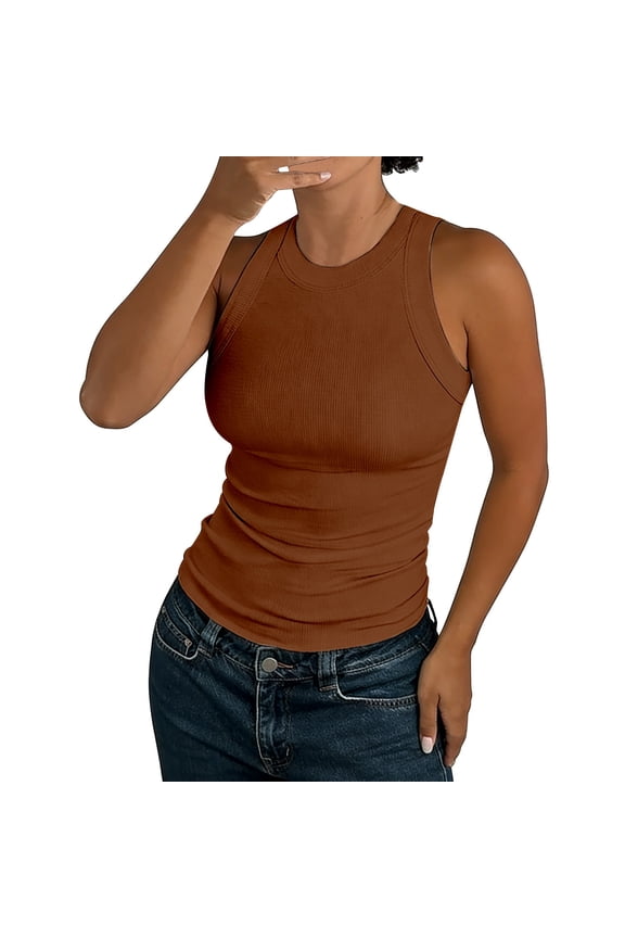 Women's Scoop Neck Ribbed High Neck Tank Top Basic Sleeveless Racerback Tops Summer Trendy Slim Fit Tee Shirts, Brown