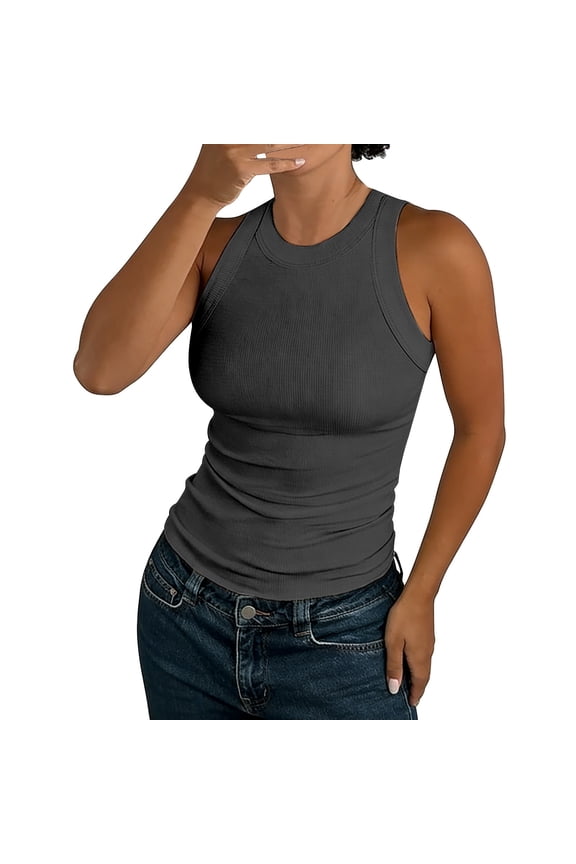 Women's Scoop Neck Ribbed High Neck Tank Top Basic Sleeveless Racerback Tops Summer Trendy Slim Fit Tee Shirts, Dark Gray