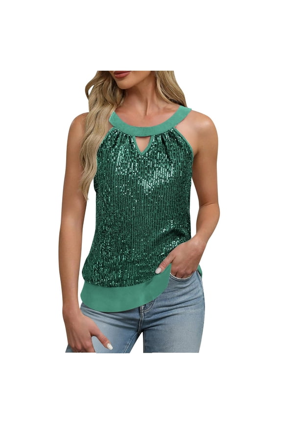 Women's Sequin top - Sparkly Metallic Sleeveless Crop Tank top, Deep V Neck Rhinestone Halter Backless Shirt, Lightweight Ruched Flowy Going Out tops for Party Outfit, Green