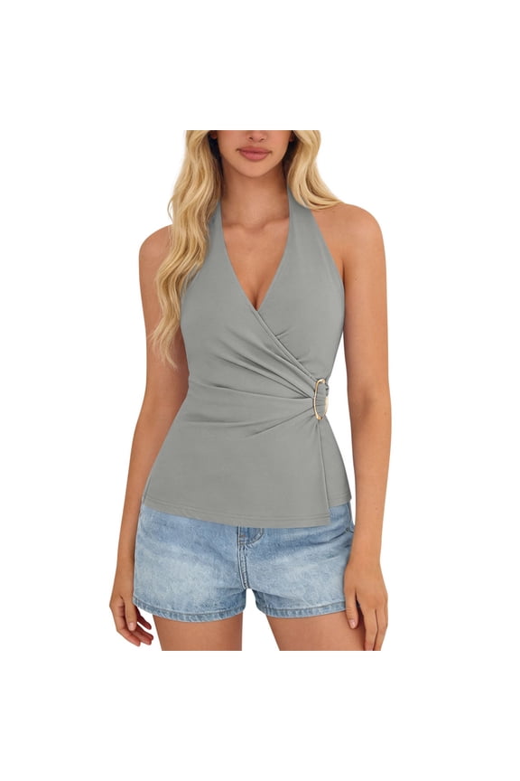 Women's Sexy Halter Going Out Top Open Back Deep V Neck Sleeveless Vest Tank Tops Party Club Night Out Tops, Light Ashy
