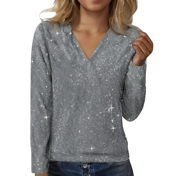 Soyumi Women's Sparkle Top Long Sleeve Sequin Fall Outfit, Glitter Party Blouse V-Neck Winter Fashion, Holiday Club Going Out Concert Dressy Shimmer Evening Blouse, Silver
