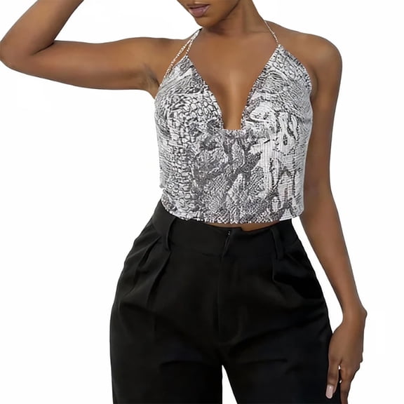 Soyumi Women's Sparkly Sequin Halter top, Sleeveless Deep V Neck Crop Tank top, Metallic Rhinestone Lightweight Shirt for Club Party Night Out, Trendy Backless Ruched Flowy Clubwear, Gray