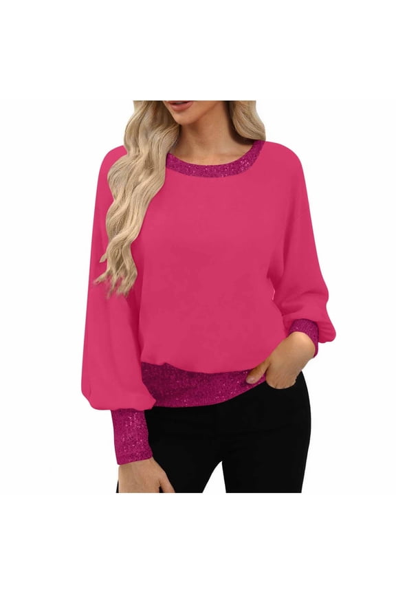 Women's Sparkly Sequin Tops Long Sleeve Fall Fashion Outfit, Glitter CrewNeck Party Blouse for Holiday Season, Club Concert Evening Going Out Shirt NYE Dressy Top, Hot Pink