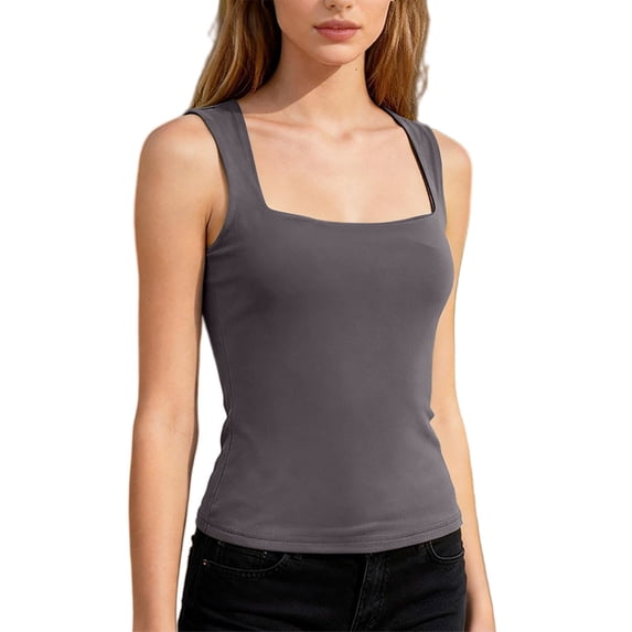 Soyumi Women's Square Neck Double Lined Tank Tops Cute Summer Tops Seamless Slim Fit Basic Sleeveless Shirts Y2K Going Out Sleeveless Cami Tee Shirts, Dark Gray