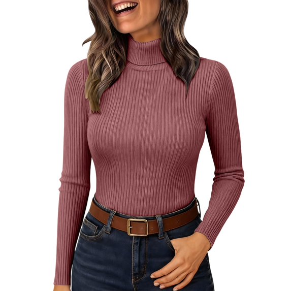 Soyumi Women's Thermal Shirts Long Sleeve Tops, 2025 Basic Turtleneck, Slim Fit Ribbed Knit Tee, Casual Fall Winter Layering, Lightweight Tunic Pullover Sweater & Blouse, Brick Red
