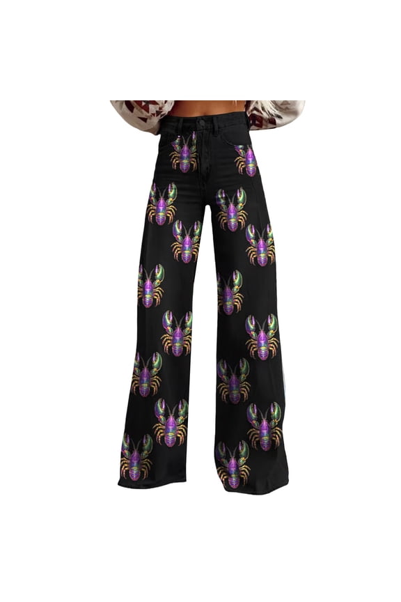 Womens Baggy Pants, High Rise Wide Leg Denim Jeans Carnival Mardi Gras Party Bold Striped Vibrant Festival Fashion Boho Chic Comfortable Stretch Fit Parade Costume Outfit, Watermelon Red