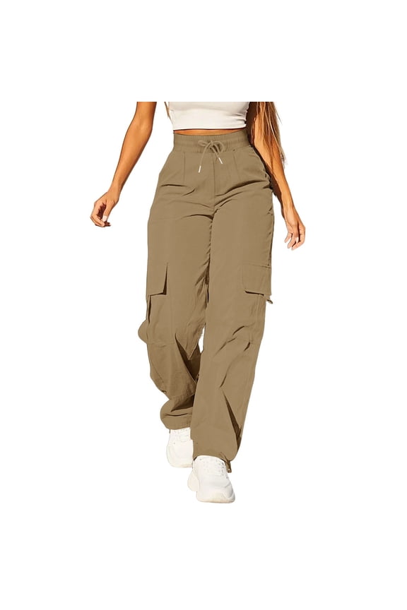 Womens Cargo Pants, High Waisted Cargo Sweatpants Baggy Wide Leg Jogger Style Streetwear with Zippered Pockets Lightweight Gym Running Errands Pants Khaki