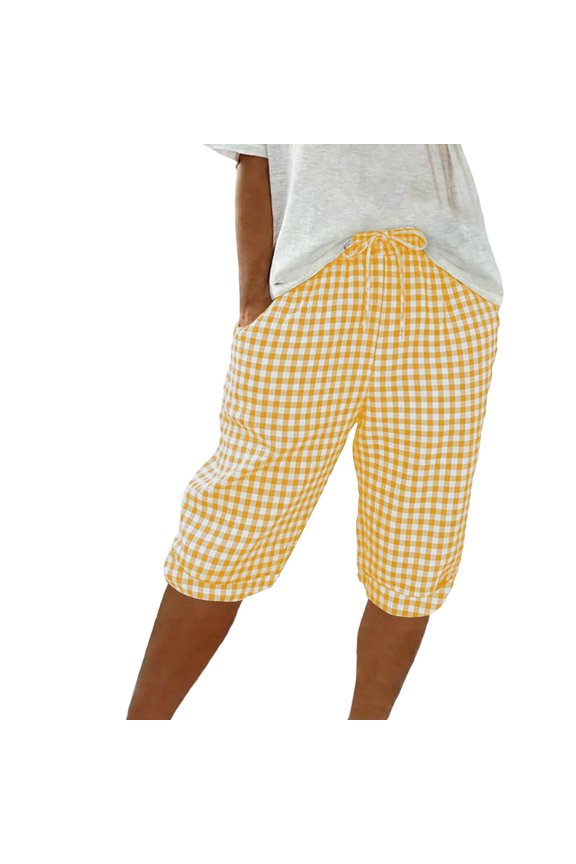 Womens Cotton Linen Capri Pants, Elastic High Waist Wide Leg Palazzo Gingham Plaid Casual Comfy Flowy Cropped Summer Trousers for Beach Holiday, Yellow