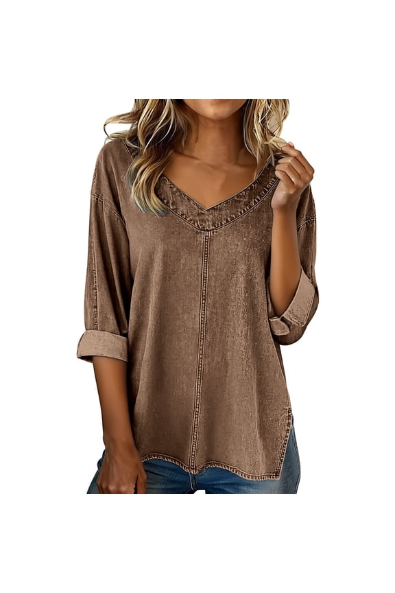 Womens Denim Top, 90S Grunge Oversized Jean Shirt Button Up Pullover Blouse Loose Fit Drop Shoulder Long Sleeve with Pocket Casual Boho Top for Women Brown