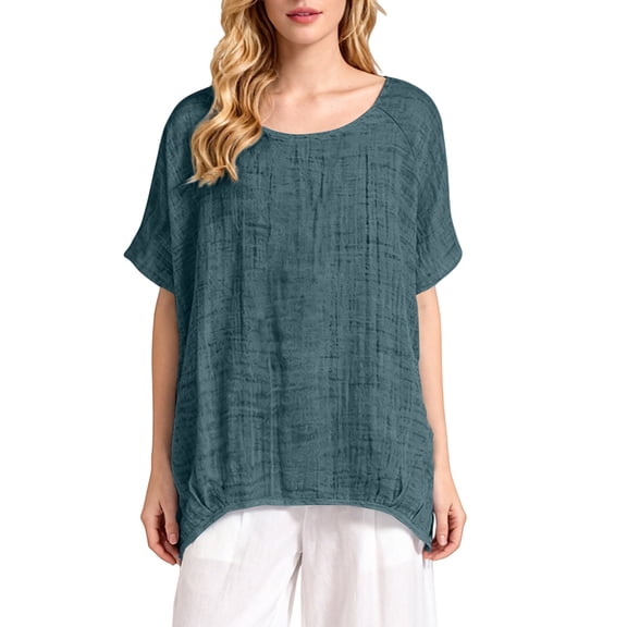 Soyumi Womens Linen Shirts, Loose Fit Casual Summer Tops Short Sleeve V Neck Tunic Beach Vacation Blouse Button Down Shirt Office Work Solid Lightweight Comfortable Womens Tops, Blackish Green