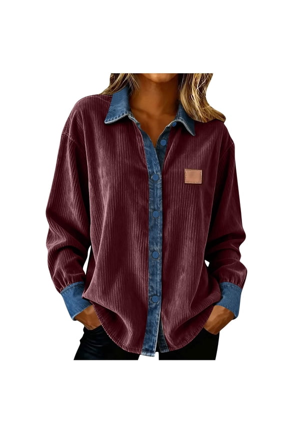 Womens Oversized top, Corduroy Button Down Long Sleeve Shacket, Baggy Loose Fit Blouse, Cute Going Out Or Everyday Basic top, Trendy Fall Fashion 2025 with Washed Retro Vibe, Wine