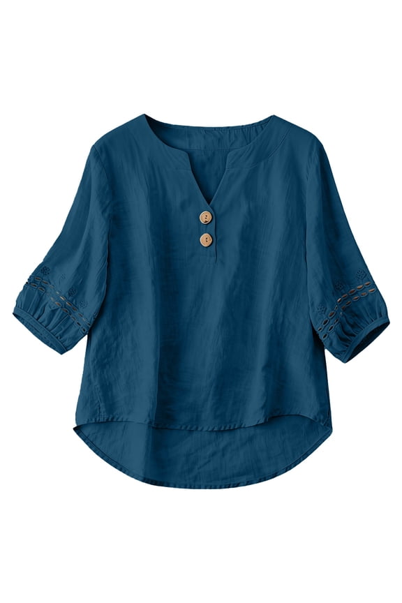 Womens Shirts, Summer Casual Tops Loose Fit Blouse V Neck Button Down Pleated 3/11 Roll Up Sleeve Cotton Linen Blend Comfortable Tunic Style Top, Navy