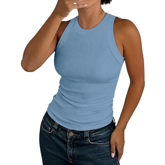 Soyumi Womens Summer Sleeveless Tank Top Casual Ribbed Racerback Basic Fitted Thick Strap Shirts Tops Summer Trendy Slim Fit Shirts, Light Blue