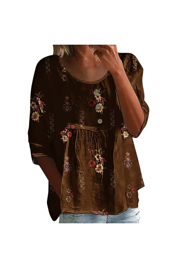 Womens Tops, 3/4 Sleeve Womens T Shirts Floral Print Blouses Trendy Summer Tops Loose Fit Round Neck Business Casual Work Wear Pleated Tunic Tops for Layering, Brown