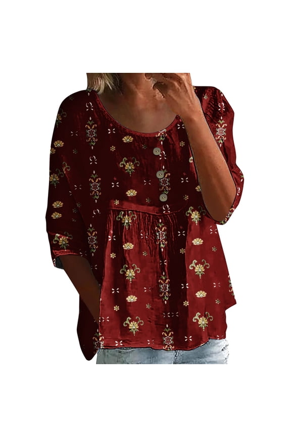 Womens Tops, 3/4 Sleeve Womens T Shirts Floral Print Blouses Trendy Summer Tops Loose Fit Round Neck Business Casual Work Wear Pleated Tunic Tops for Layering, Red