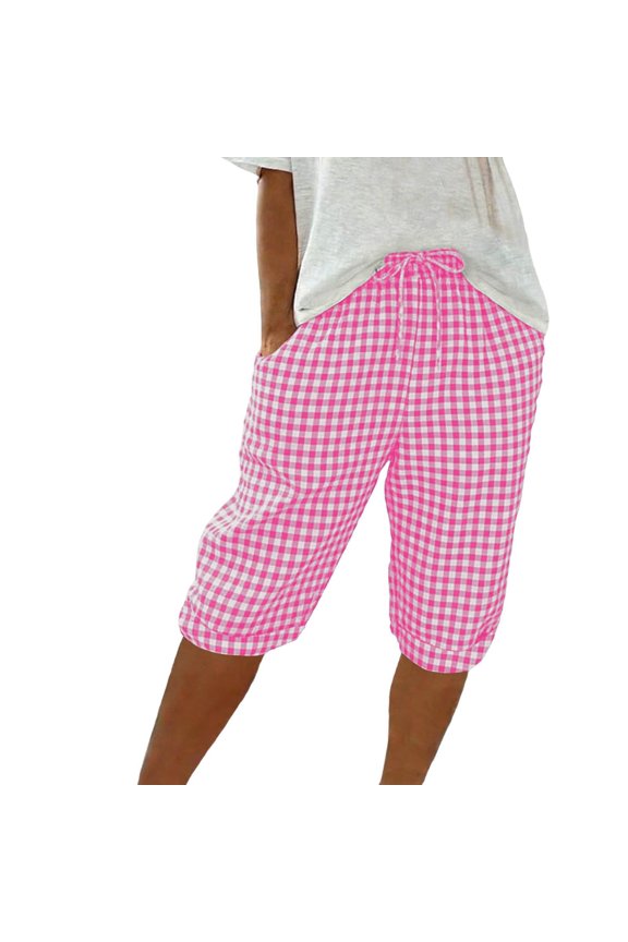 Womens Wide Leg Capri Pants, Cotton Linen Gingham High Waist Summer Palazzo Cropped Culottes Beach Vacation Casual Comfy Flowy Boho Trousers, Hot Pink