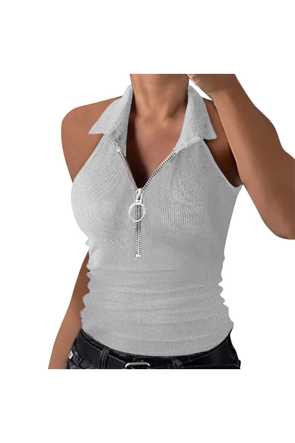 Work Office Tops for Women, Ribbed Zipper V Neck Dressy Casual Sleeveless Blouses Summer Tank Top Professional Soft Stretchy Fit, Gray