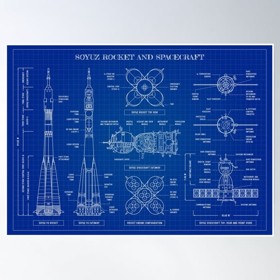 Soyuz Rocket And Spacecraft (Blueprint) Poster Wall Art, Modern Wall Decor, 16x24 UNFRAMED