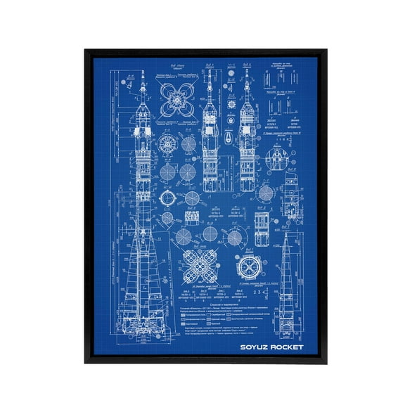 Soyuz Rocket USSR Soviet Space Blueprint Black Framed Canvas Art Print 18X24"