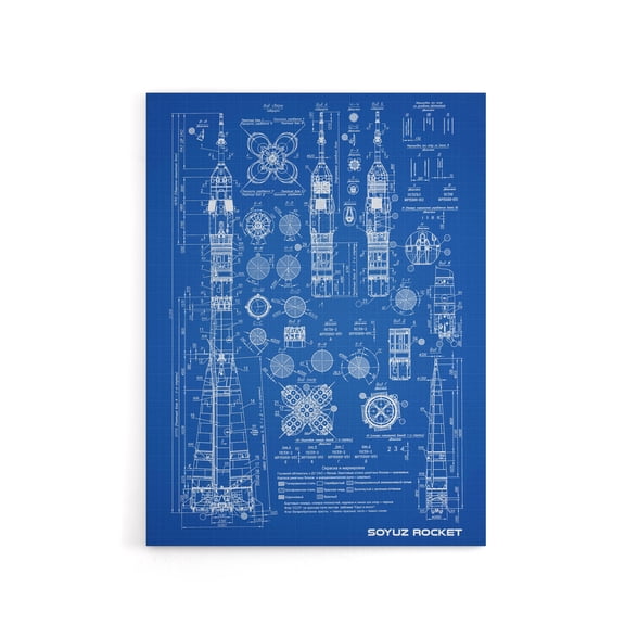 Soyuz Rocket USSR Soviet Space Blueprint Canvas Wall Art Print 12X16"