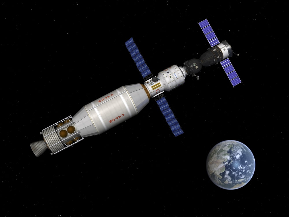 Soyuz deep space explorer docked begins to leave Earth orbit Canvas Art - Walter MyersStocktrek Images (33 x 25)