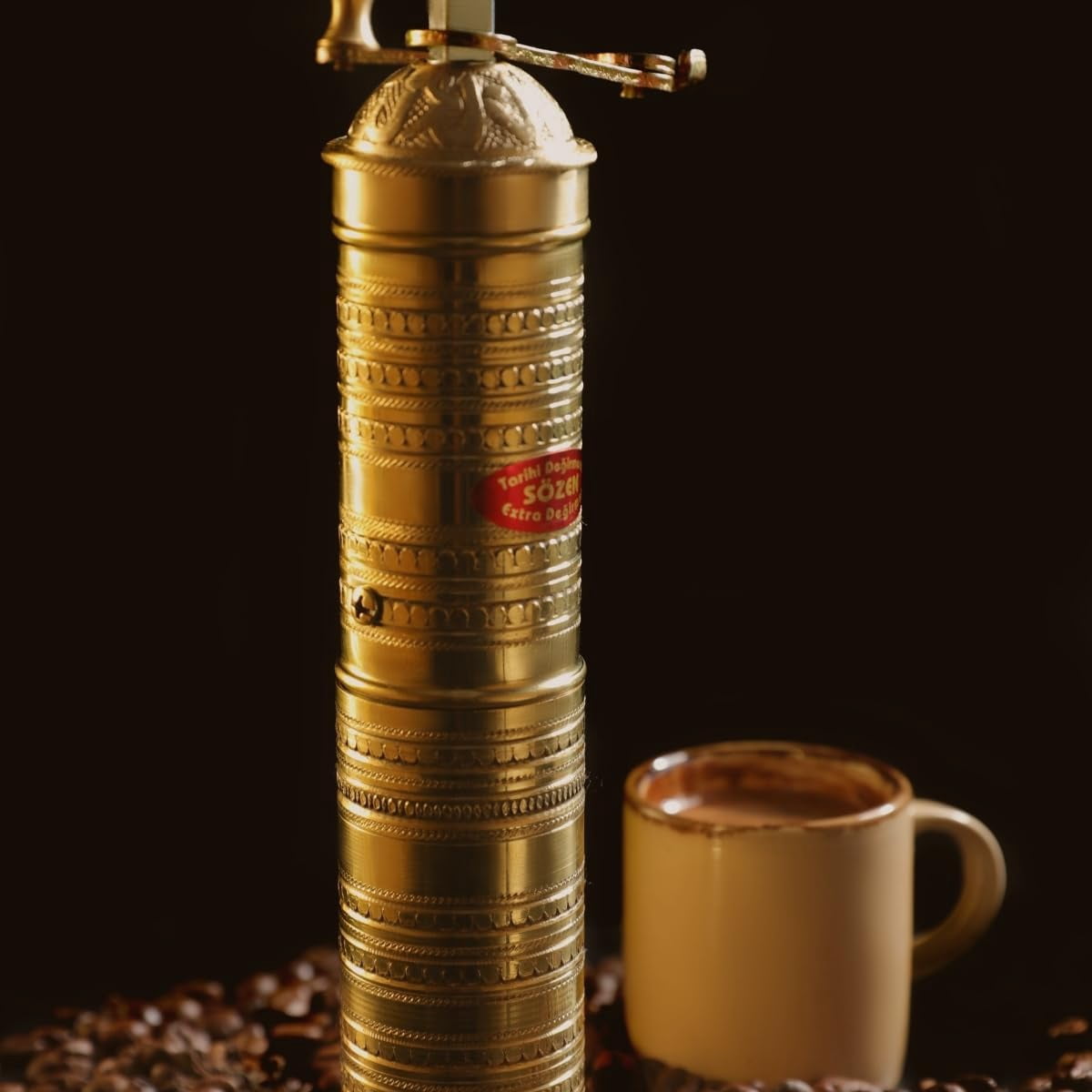 Sozen Hammered 9" Manual Coffee Grinder Brass – Hand Crank Burr Mill for Turkish Coffee, French Press, Espresso, Camping & Home Use
