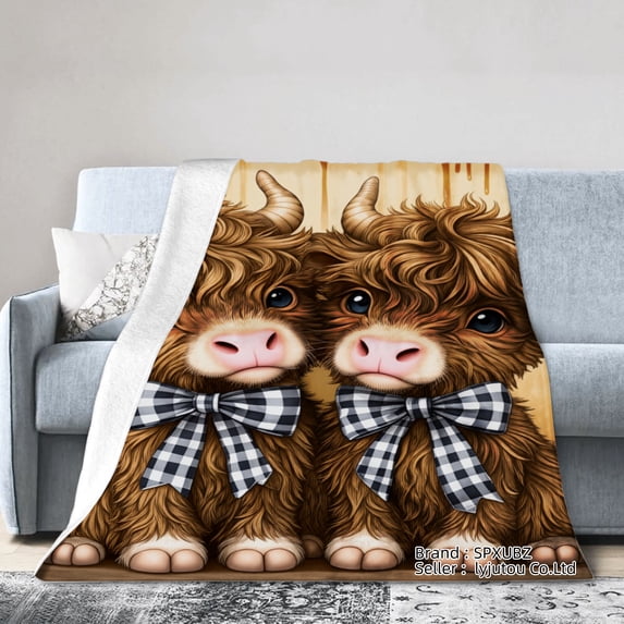 SpXubz Flannel Throw Blanket With Cute Cows Wearing Checkered Bows For Gift Home Sofa Bed Decoration 60x50 inch