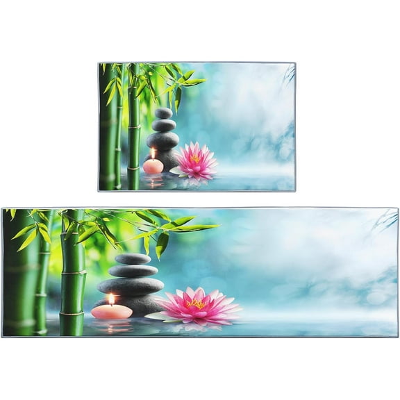 Spa Bamboo Kitchen Rugs and Mats Non Skid Washable Set of 2, Green Lotus Lily Chinese Kitchen Runner Rug, Farmhouse Summer Kitchen Floor Mat Under Sink Mat Throw Rug for Doormat