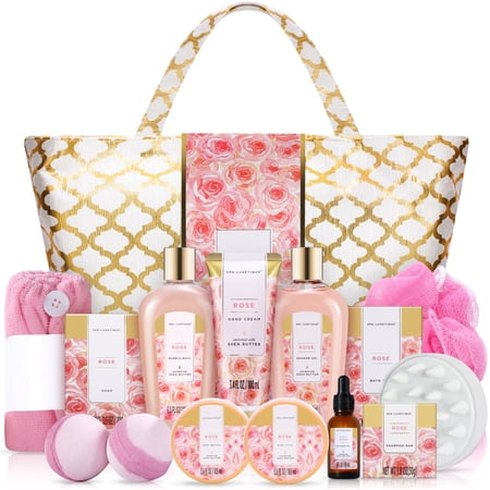 Spa Baskets Gift Sets for Women - 15 Pcs Rose Luxury Bath Relaxing Home Spa Kit Birthday Gifts with Tote Bag for Mom