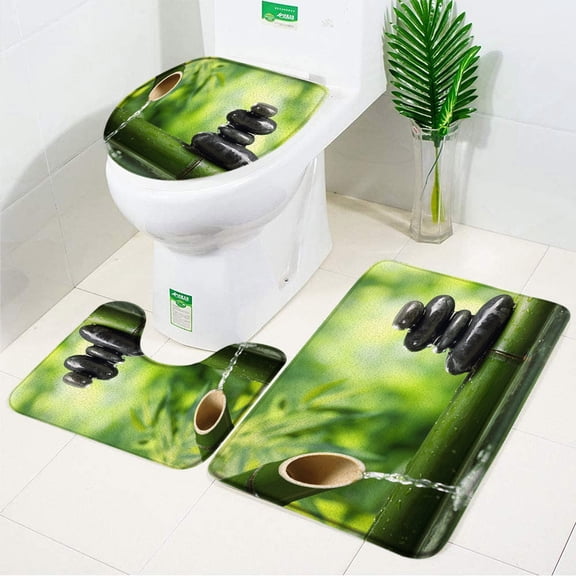 Spa Bathroom Decor 3pcs Set Bath Mat Green Bamboo Lotus Flower Zen Stone Flannel Anti Slip Rug Carpet Toilet Cover Set Washable