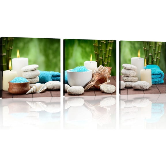 Spa Bathroom Wall Art Spa Still Life with Blue Zen Wall Art Spa Stones Bamboo Pictures Print on Canvas for Bathroom Bedroom Spa Room Decor Stretched and Framed 3 Panels Each Panel 12x12inch