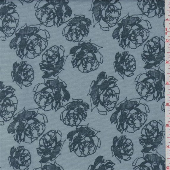 Spa Blue/Forest Floral Sketch Ponte Double Knit, Fabric Sold By the Yard