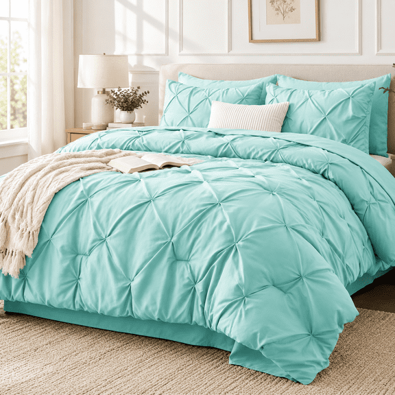 Spa Blue King 7 Piece Pintuck Bed-in-a-Bag All-Season Bedding Set
