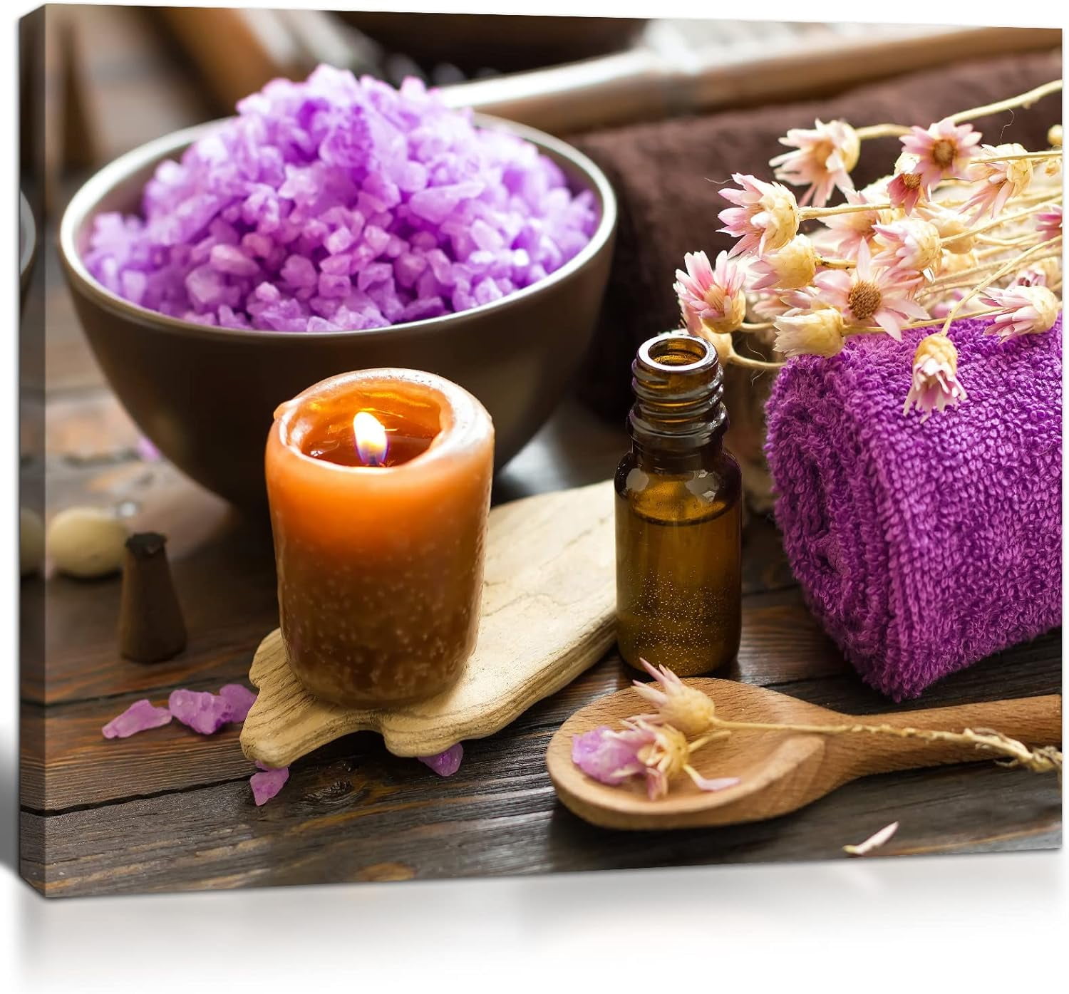 Spa Canvas Wall Art, Purple Bath Salt Candles Daisy Flower Print