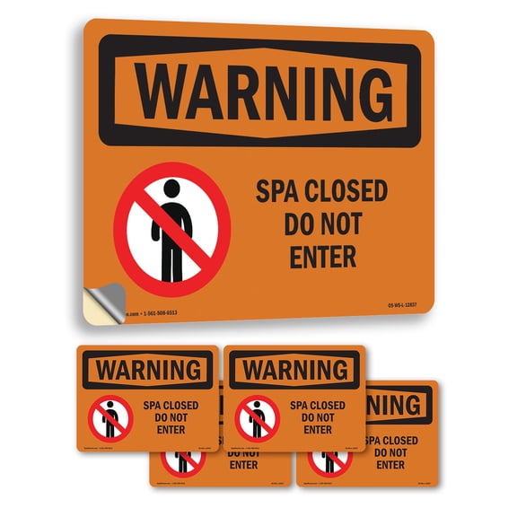 Spa Closed Do Not Enter OSHA WARNING Vinyl Decal Label 5 Inch x 3.5 Inch - 5 Pack
