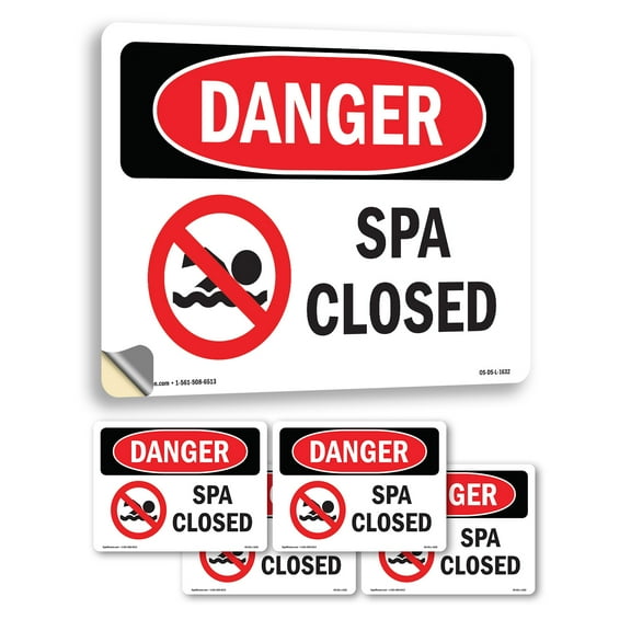 Spa Closed OSHA Danger Vinyl Decal Label 14 Inch x 10 Inch - 5 Pack