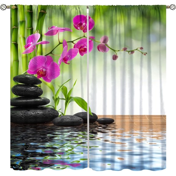 Spa Curtain Bamboo Tree Floor Mat Orchid Stones Pattern Blackout Curtains,Bedroom Living Room Kitchen Darkening Thermal Insulated Window Drapes 2 Panel Set 42x63 Inch