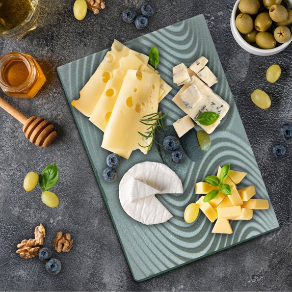 Spa Cutting Board, 3 Hot Massage Stones in the Middle of the White Sand Shaped Waves Art, Decorative Tempered Glass Cutting and Serving Board, Small Size, Grey and Yellow, by Ambesonne