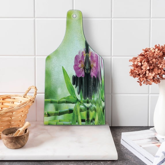 Spa Cutting Board, Orchid Flowers and Rocks in the Mineral Spring Water with Sunshine Image, Decorative Tempered Glass Cutting and Serving Board, Wine Bottle Shape, Green Pink, by Ambesonne
