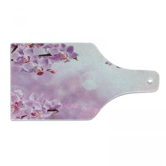 Spa Cutting Board, Orchid Petals in Monochrome Design Bouquet Spring Bloom ling Growth Peaceful Nature Print, Tempered Glass Cutting and Serving Board, Wine Bottle Shape, Pink, by Ambesonne