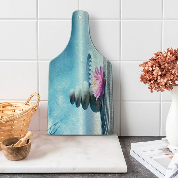 Spa Cutting Board, Stones and Lotus Flower over Sand Harmony Balance Flourish Your, Decorative Tempered Glass Cutting and Serving Board, Wine Bottle Shape, Grey Blue Pink, by Ambesonne