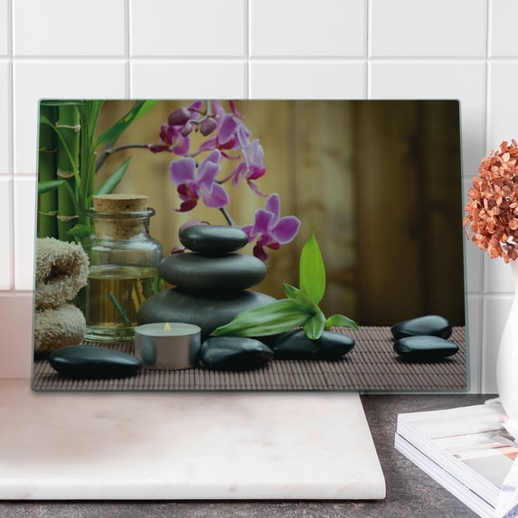 Spa Cutting Board, Warm Welcoming Spa Reception Big Healing Stones Candles Scent Flowers Print, Decorative Tempered Glass Cutting and Serving Board, Large Size, Purple Black and Green, by Ambesonne